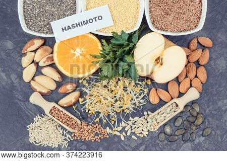 Inscription Hashimoto With Nutritious Natural Products And Ingredients Containing Vitamins For Healt