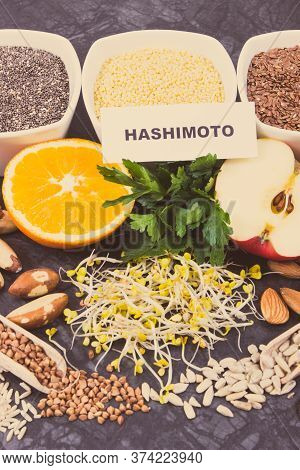 Inscription Hashimoto With Beneficial Nutritious Eating For Thyroid Gland. Healthy Ingredients As So