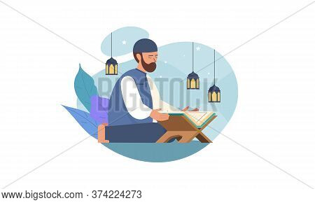 Muslim Man Reading The Quran Islamic Holy Book. Illustration Logo