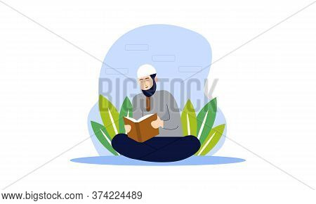 Muslim Man Reading The Quran Islamic Holy Book. Illustration Logo