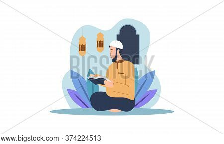 Muslim Man Reading The Quran Islamic Holy Book. Illustration Logo