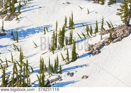 Snow On Mount Lassen In The Lassen Volcanic National Park, Usa