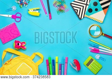 Frame From School And Office Supplies Paper Clips, Scissors, Pens, Felt-tip Pens, Sharpener, Calcula
