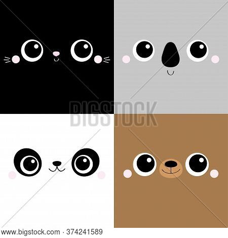 Bear Cat Koala Panda Square Face Head Icon Set. Cartoon Funny Character. Cute Kawaii Animal Portrait
