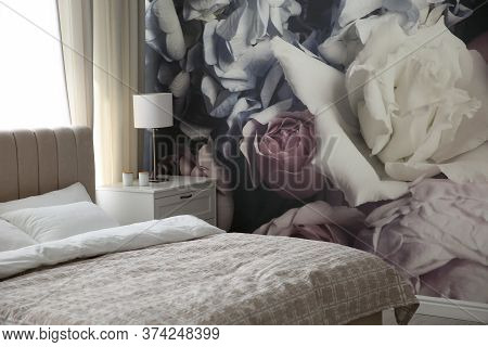Beautiful Floral Photoart Work Used As Wallpaper In Bedroom Interior