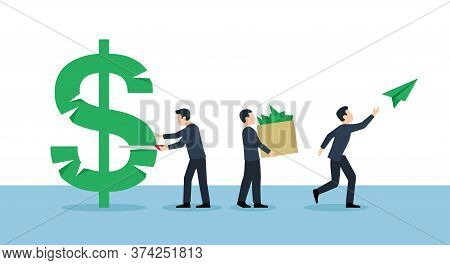 Corruption Concept - People Group Sawing Dollar Sign - Financial Leakage Isolated Illustration