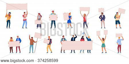 People Protest. Crowd Of Protest People Holding Clean Banner, Placard Set Isolated On White Backgrou