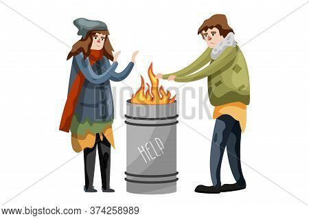 Illegal Immigrant. Poor Hungry Character Warm Standing At Metal Barrel With Burning Fire Isolated On