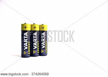 Kiev, Urkaine, 18 June 2020, Three Varta Aa Alkaline Batteries Are On White Background, Isolated, Go