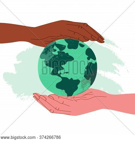 Hand Of African American And Fair-skinned Human In Cartoon Style Holds The Planet. Concept Of Equali