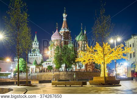 Cathedral Of Vasily The Blessed (saint Basil's Cathedral) On Red Square At Night, Moscow, Russia