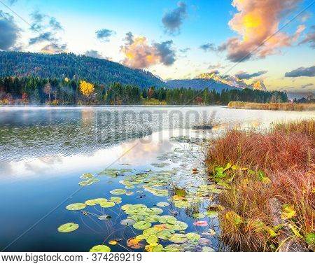 Astonishing View Of Wagenbruchsee (geroldsee) Lake With Zugspitze Mountain Range On Background. Loca