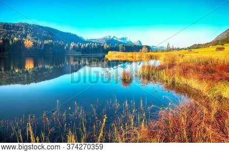 Astonishing View Of Wagenbruchsee (geroldsee) Lake With Zugspitze Mountain Range On Background. Loca