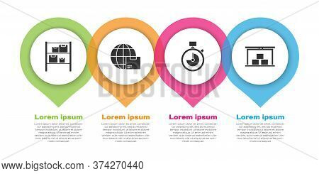Set Warehouse, Worldwide Shipping And Box, Stopwatch And Warehouse. Business Infographic Template. V