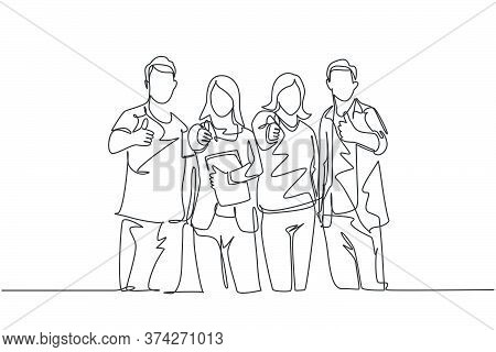 One Line Drawing Of Groups Of Happy College Students Giving Thumbs Up Gesture After Studying Togethe