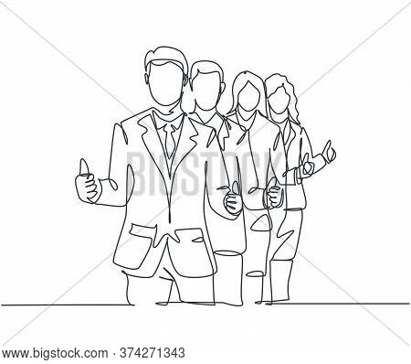 Single Line Drawing Group Of Line Up Young Happy Businessmen Standing Up Together And Giving Thumbs 