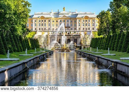 Grand Cascade Of Peterhof Palace, Samson Fountain And Fountain Alley, Saint Petersburg, Russia - Jun