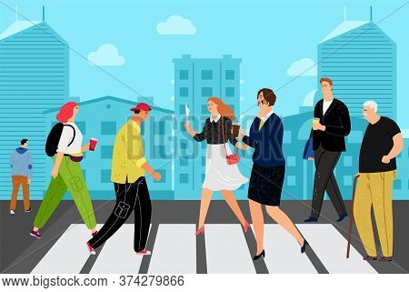 People On Crossroad. Man Woman Crossing Road On Crosswalk. City Street Traffic Rules Vector Illustra