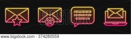 Set Line Speech Bubble Chat, Envelope With Star, Delete Envelope And Laptop With Envelope. Glowing N