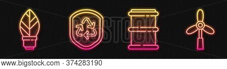 Set Line Barrel, Light Bulb With Leaf, Recycle Symbol Inside Shield And Wind Turbine. Glowing Neon I