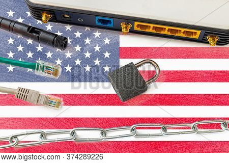 Usa Internet Censorship And Security Concept. Flag In The Background Of The Internet Connection Swit