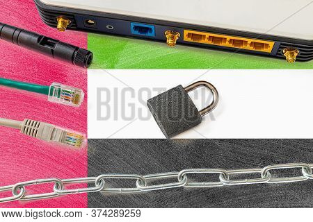 United Arab Emirates Internet Censorship And Security Concept. Flag In The Background Of The Interne