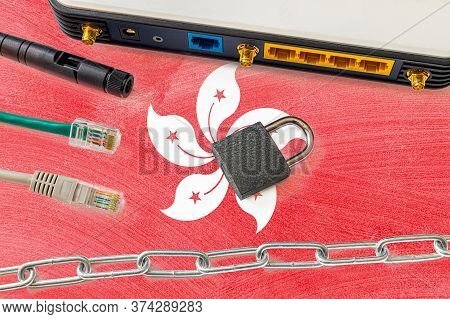Hong Kong Internet Censorship And Security Concept. Flag In The Background Of The Internet Connectio