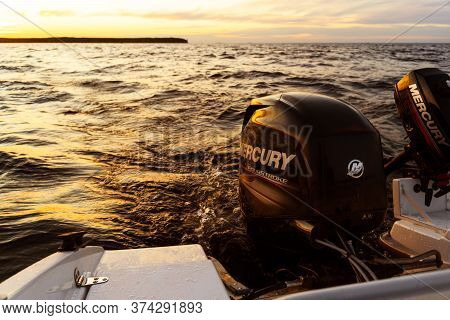 Sankt-petersburg, Russia, June 22, 2020: Modern New Fishing Sport Boat With A Brand New Mercury Four