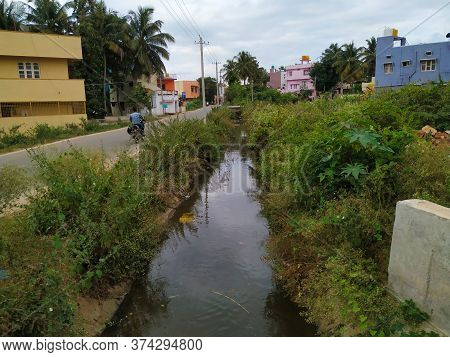 Mandya, Karnataka/india-dec 08 2019: Closeup Of Sewer Water Flowing Inside The City In A Canal