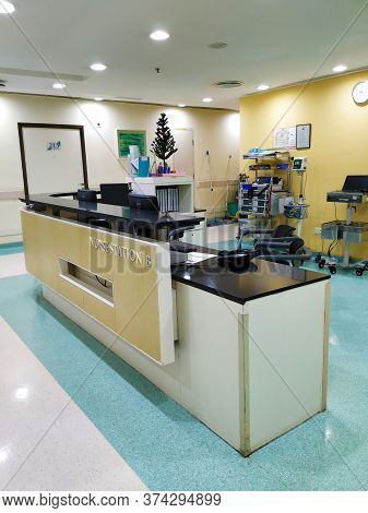Closeup Of Interior Design And Reception Cabin In A Columbia Asia Referral Hospital. Reception Area
