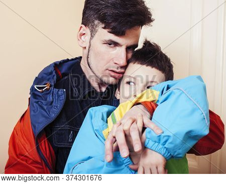 Faher And Son Together Having Fun At Home, Lifestyle Happy Family, People At Home