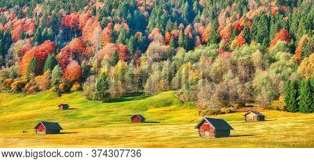 Fantastic View Of Alpine Valley With Wooden Huts  Near Wagenbruchsee (geroldsee) Lake . Location: Ge