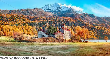 Fantastic Autumn View Of Crap Da Sass Castle On Silvaplana Lake. Location: Silvaplana, Maloya Distri