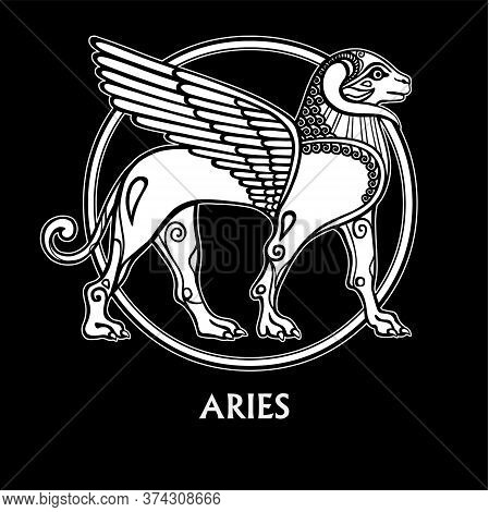 Zodiac Sign Aries. Character Of Sumerian Mythology. The Linear Drawing, White Contour Isolated On A 