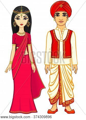 Animation Indian Family. Full Growth. Isolated On A White Background.