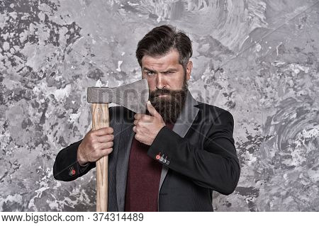 Brutal Bearded Man With Axe. Debt Collection Is Process Of Pursuing Payments Of Debts Owed By Indivi