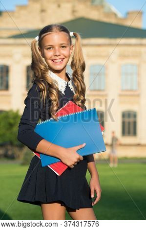 Library Is Open When School Is Closed. Library Reader Outdoors. School Library. Happy Child Hold Lib