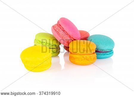 Colorful Magaroons Isolated On White Background, Sweet And Dessert Concept