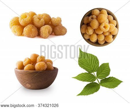 Raspberry Isolation. Yellow Raspberries Isolated On White Background. Juicy And Delicious Yellow Ras