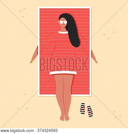 Woman In Beach Towel Bathing Suit Vector Cartoon Character Illustration.