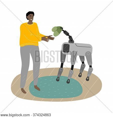 Metal Robot Dog Giving Mittens To Smiling Man At Home