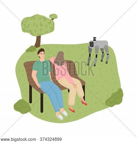 Young Couple Relaxing With Metal Robot Dog In Park