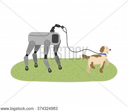 Robot Dog Walking Ordinary Dog Pet On Leash