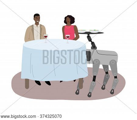 Robot Dog Serving Drinks And Food In Restaurant For Young Couple