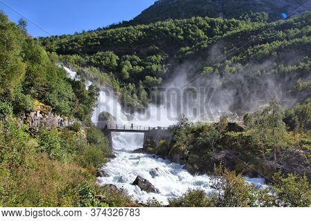Norway Nature - Waterfall Landscape. Jostedalsbreen National Park - Briksdalen Valley.