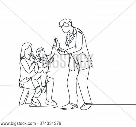 Single Line Drawing Of Young Happy Father Visited By His Son And Wife At Office Then Giving High Fiv