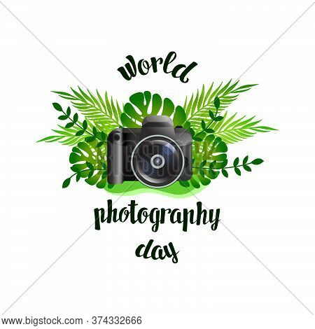 Realistic Camera On The Background Of Palm Branches And Leaves Of Monstera. Realistic Design.