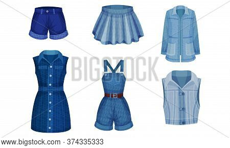 Denim Blue Clothing Items As Womenswear With Denim Dress And Skirt Vector Set