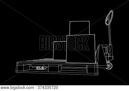 Hand Pallet Jack Lift With Pallet And Stacked Goods Cardboard Boxes. Manual Forklift. Logistics Ship