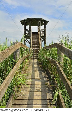 A Wooden Wildlife Observation Tower In The Wetlands Of Isola Della Cona In Friuli-venezia Giulia, No